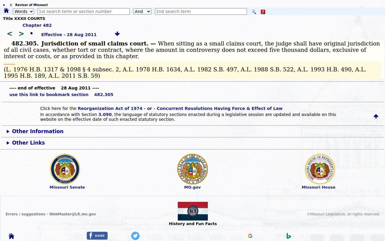 Cape Girardeau County civil docket small-claims amount ceiling statute page