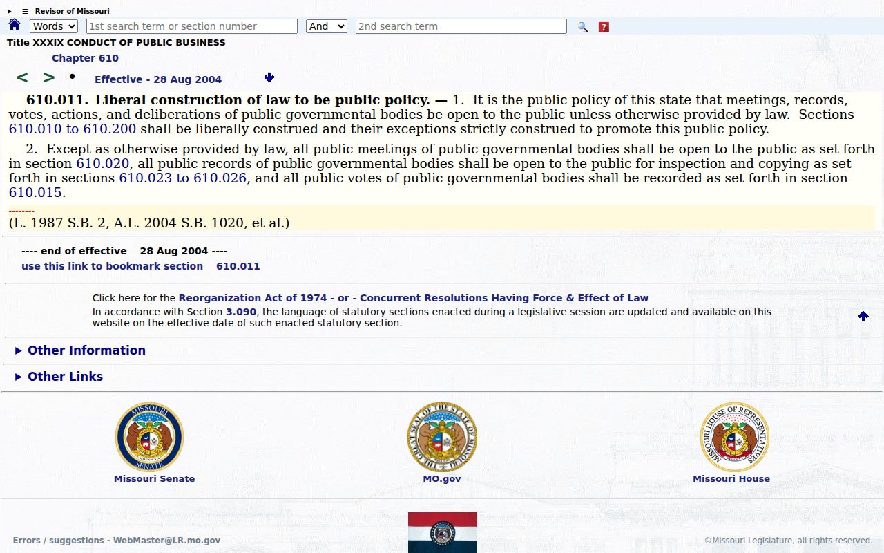 Delta court docket image of Missouri open-records policy statute