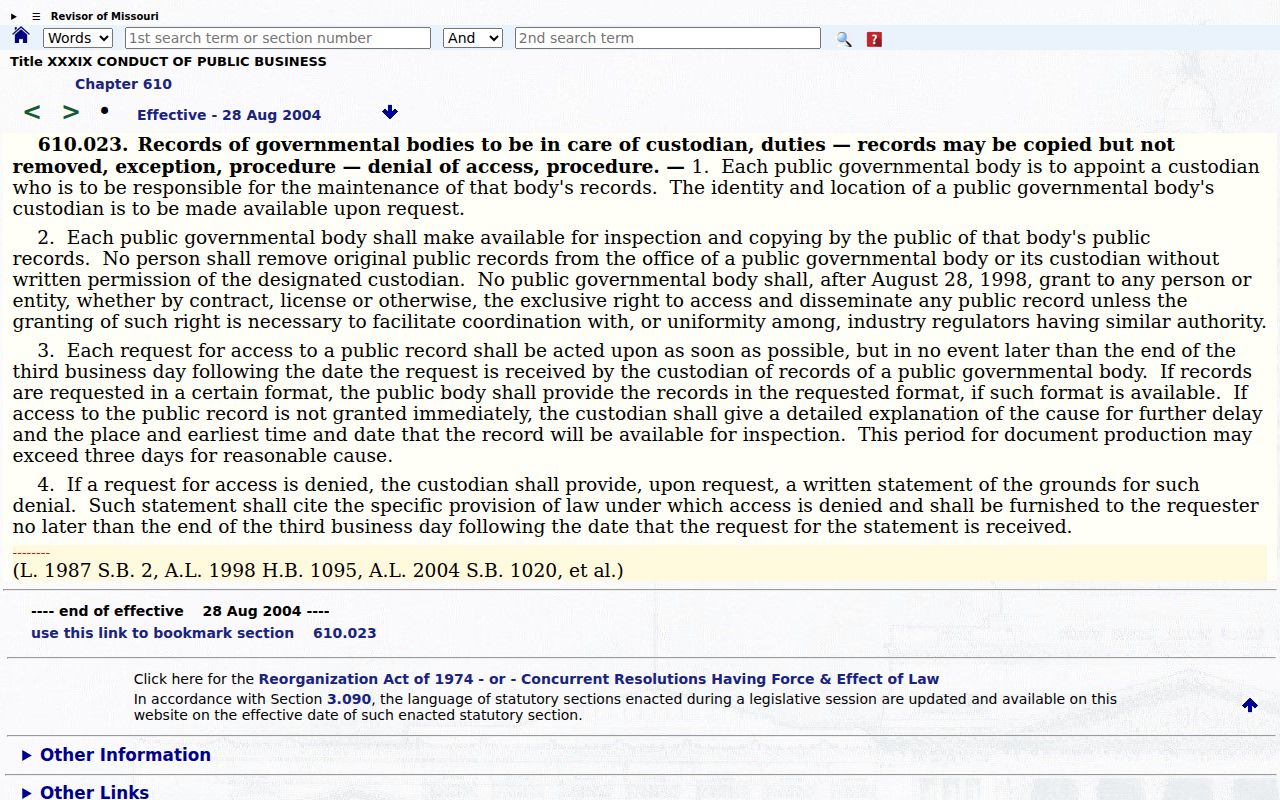 Delta court docket image of Missouri public records response statute